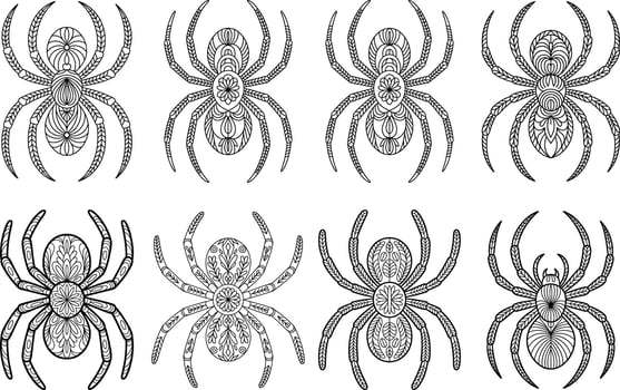 Decorative line art spiders in a variety of ornamental designs and patterns for halloween or decorative projects vector