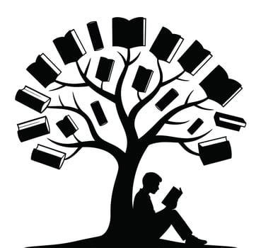 Silhouette of person reading under a tree bearing books vector