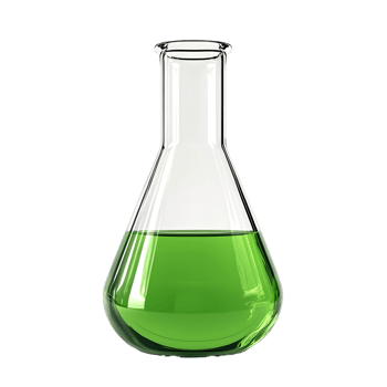 Clear glass erlenmeyer flask containing vibrant green liquid isolated on transparent background png