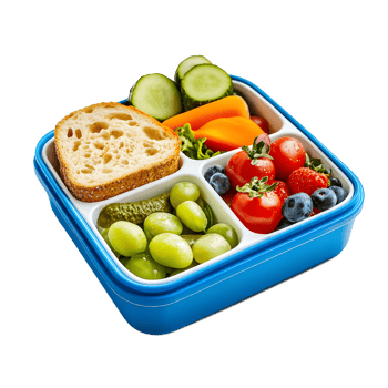 Healthy blue lunchbox filled with fresh fruits vegetables and whole wheat bread isolated on transparent background png