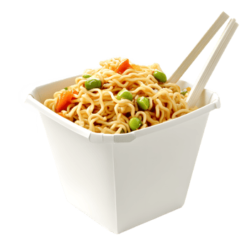 Delicious asian noodle dish with vegetables and chopsticks in a white container isolated on transparent background png