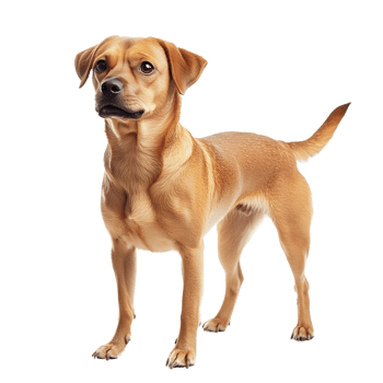 A medium sized tan dog stands alertly looking to the left isolated on transparent background png
