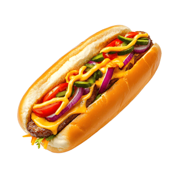 Deliciously loaded hot dog with cheese and fresh toppings isolated on transparent background png