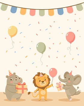 Birthday party invitation card with cute animals and gifts. Birthday greeting card. Illustration for postcard, invitation, poster, print. vector