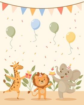 Birthday party invitation card with cute wild animals and gifts. Illustration for postcard, invitation, poster, print. vector