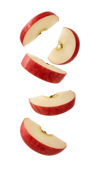 Floating slices of delicious red apples dynamically arranged on transparent isolation creating png