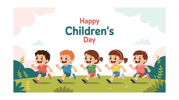 Happy Childrens Day Cartoon illustration of diverse children running and smiling outdoors, celebrating childhood and happiness in a joyful, colorful setting vector