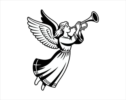 Angel blowing trumpet with wings and flowing robe flying vector