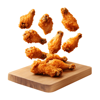 Crispy golden fried chicken pieces arranged on a wooden board isolated on transparent background png