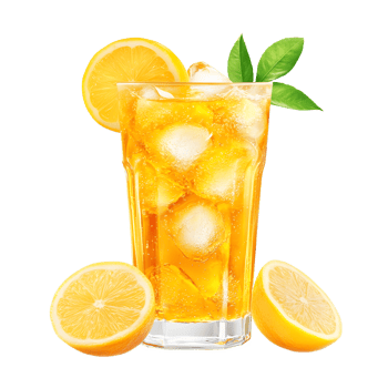 Refreshing tall glass of iced orange juice with citrus slices and green mint leaves isolated on transparent background png