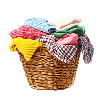 Wicker laundry basket overflowing with colorful folded clothes isolated on transparent background png