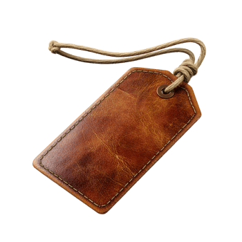 Rustic brown leather luggage tag with distressed texture and twine string isolated on transparent background png