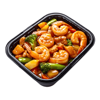 Delicious shrimp and vegetable stir fry meal in a black takeout container isolated on transparent background png