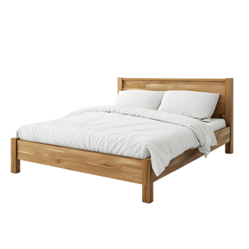 A wooden bed frame with white bedding and pillows isolated on transparent background png