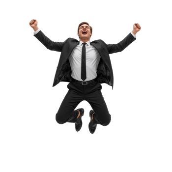 A triumphant businessman leaps with euphoria against an isolated backdrop, radiating professional png
