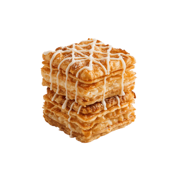 Golden layers of pastry with drizzled icing present a delightful sweet confection in a delectable png