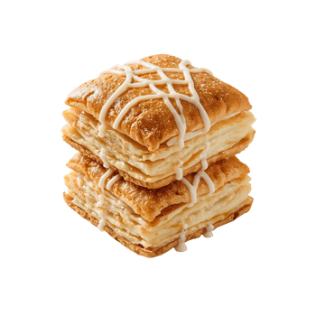 Delectable stacked pastry squares drizzled with sweet icing against an isolated studio display png