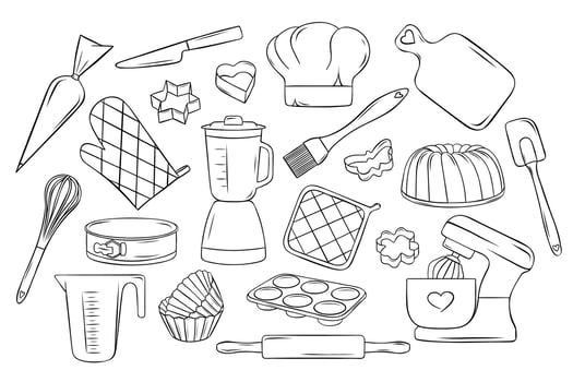 bakery and baking, large set, baking accessories, cookie molds, doodle and sketch style, simple black and white icons vector