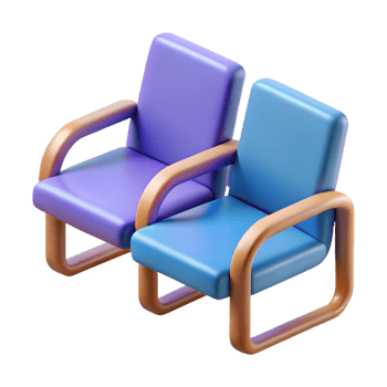 3d icon of two modern purple and blue armchairs with wooden frames, isolated on transparent background, representing contemporary furniture design and comfortable seating png