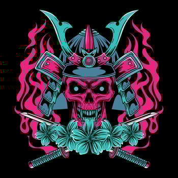 Skull samurai with swords and flowers vector