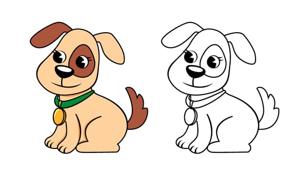 Cute cartoon little dog. Puppy. Color and black white illustration for coloring book vector