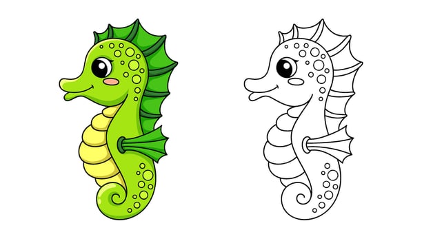 Cute cartoon seahorse. Black and white illustration for coloring book vector
