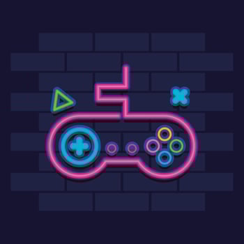 Neon game controller sign. vector