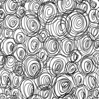 Hand drawn monochrome scrawl seamless pattern. Doodle, uneven artistic lines in concentric circles shapes. Artistic minimalistic background. vector