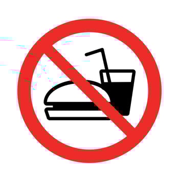 No food or drink sign with red prohibition circle over burger and soda icon on white background vector