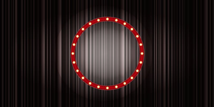 A circular vintage marquee light frame with glowing bulbs is set against a backdrop of dark draped curtains, creating an inviting atmosphere for a performance or event vector