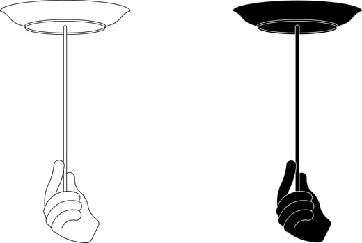 Icon of a hand spinning a plate on a stick, shown in both outline and solid silhouette style. Represents balance, coordination, or circus performance vector