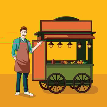 Smiling vendor on mobile fruit cart, friendly merchant, street market vector