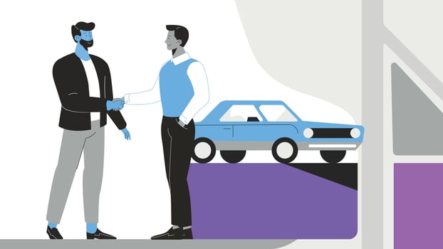 Men shaking hands near a car vector