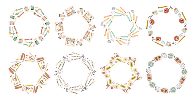Simple school circle frame set. Round school themed border made of different school objects. Soft pastel colors back to school hand drawn banner isolated on white background. vector