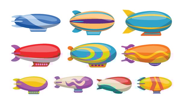 Collection of colorful cartoon airships and zeppelins vector