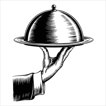 Retro engraved sketch of hand holding tray with lid showing restaurant service brunch or dinner dishes illustration ideal for menu and hospitality themes vector