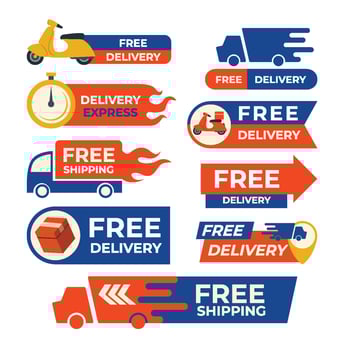 Free delivery label design sale promotion collection, Free Delivery badge sticker set, Free shipping order icon with scooter, truck and package gift, illustration. vector