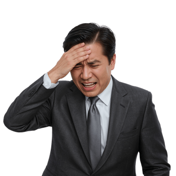 Frustrated businessman experiencing stress and pain, hand on forehead on transparent background png
