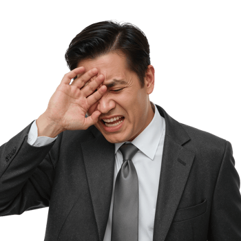 Distressed asian businessman shielding eyes isolated on transparency expressing overwhelm stress png