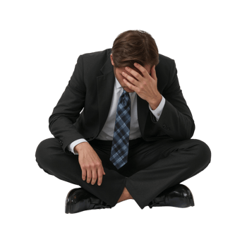 Distressed Businessman in Despair Seated Cross-Legged Isolated on Clear Backdrop of Doubtful png
