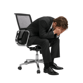 Despondent executive sitting in workplace chair expressing deep frustration and hopelessness png