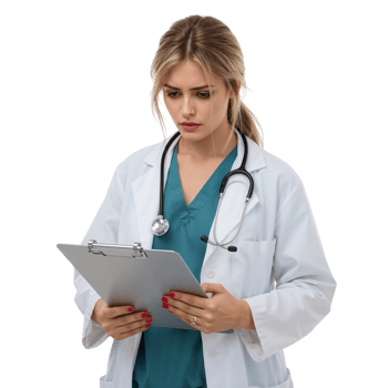 Focused healthcare professional reviews patient data on a clipboard with transparent surrounding png