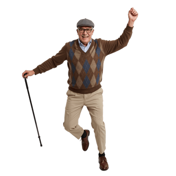 Joyful Senior Gentleman Leaping with Cane in Jubilation on Isolated Transparent Background png