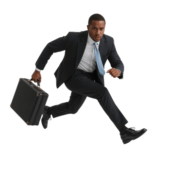 Determined businessman sprints forward with briefcase on transparent backdrop conveying urgency png