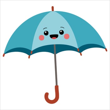 Funny blue umbrella character with cute face and drop rain. kawaii style illustration ideal for rainy day emoticons and playful cartoon designs vector