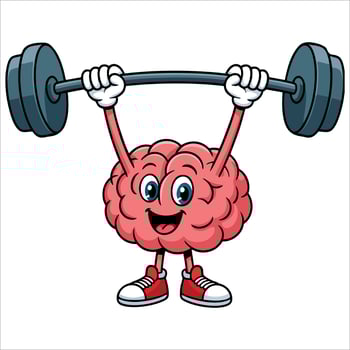 Funny brain lifting weights over head training cartoon illustration ideal for playful mental health awareness and fitness motivation designs. vector