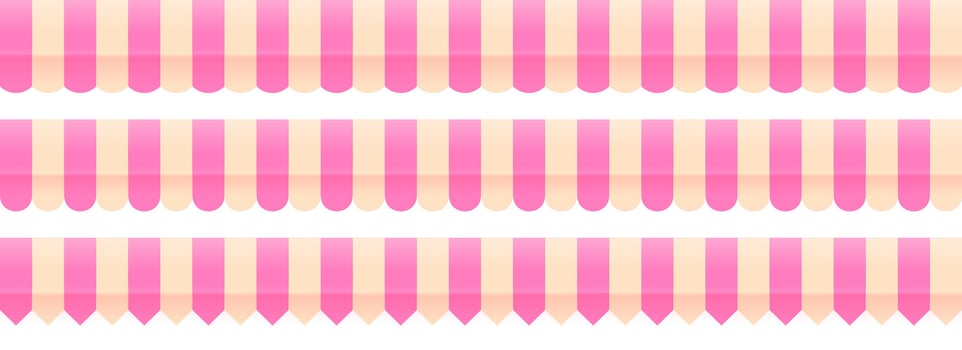 Striped shop tent design set. Store window awning pattern collection. Cafe or restaurant roof canopy pack. Pink and white stall market place cover. Repeating stripe sunshade design vector