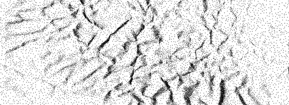 Black stippled crumpled paper texture. Rough dotted wrinkled background. Gritty creased paper concept backdrop. Aged damaged gritty sand overlay. Noisy grainy notebook page wallpaper. vector