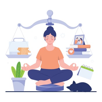 Woman meditating with balance scale vector