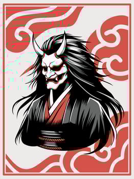 Illustration of a Japanese Oni mask featuring intricate red and black details with long flowing hair and bold patterns,Perfect for tattoo designs vector